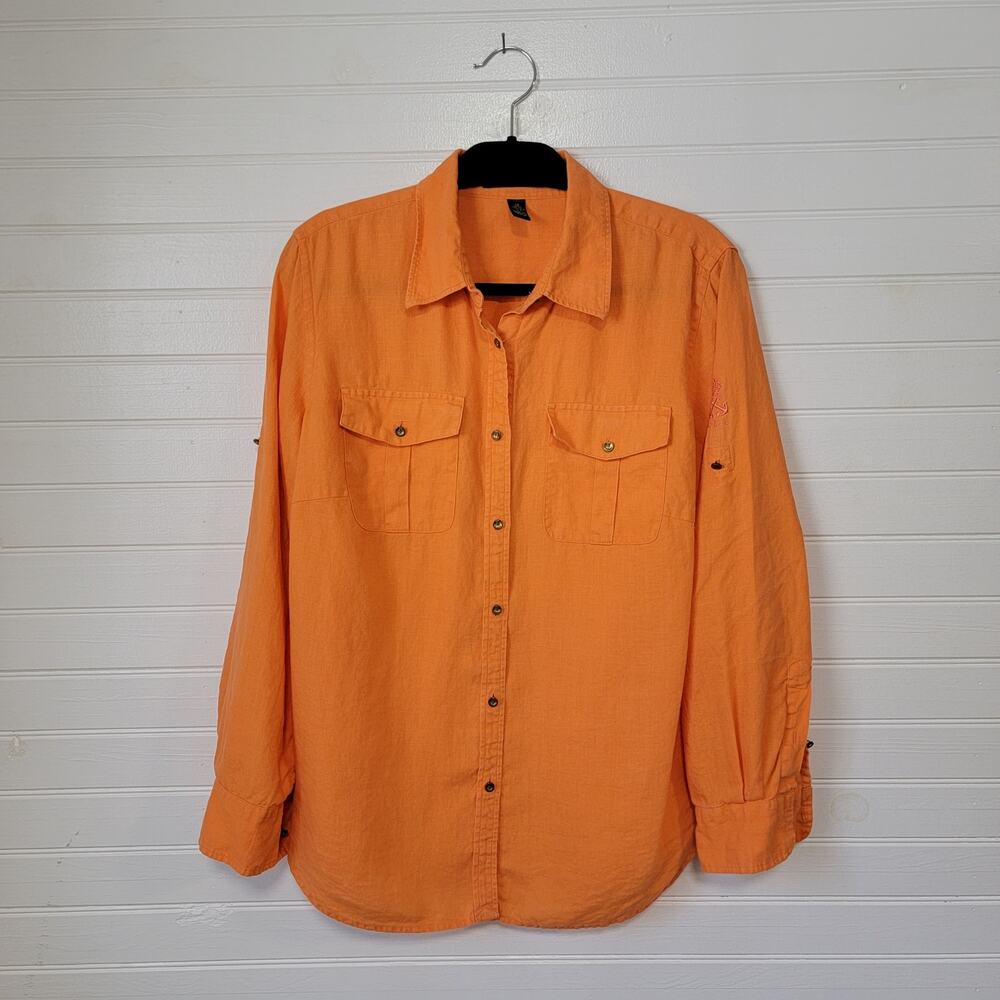 Ralph Lauren LRL Linen Button Up Shirt Plus Size 1X‎ Orange Embroidered Logo Top